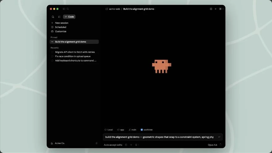 Claude Code en la app de escritorio: Code arriba a la izquierda, Local y el cuadro de mensaje abajo. Captura del demo oficial; la interfaz puede variar.