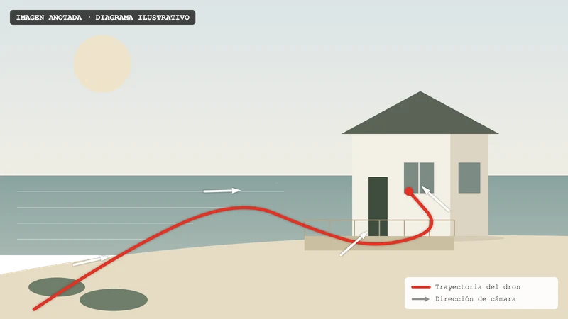 Illustrative diagram: a red flight path and white arrows for camera direction.