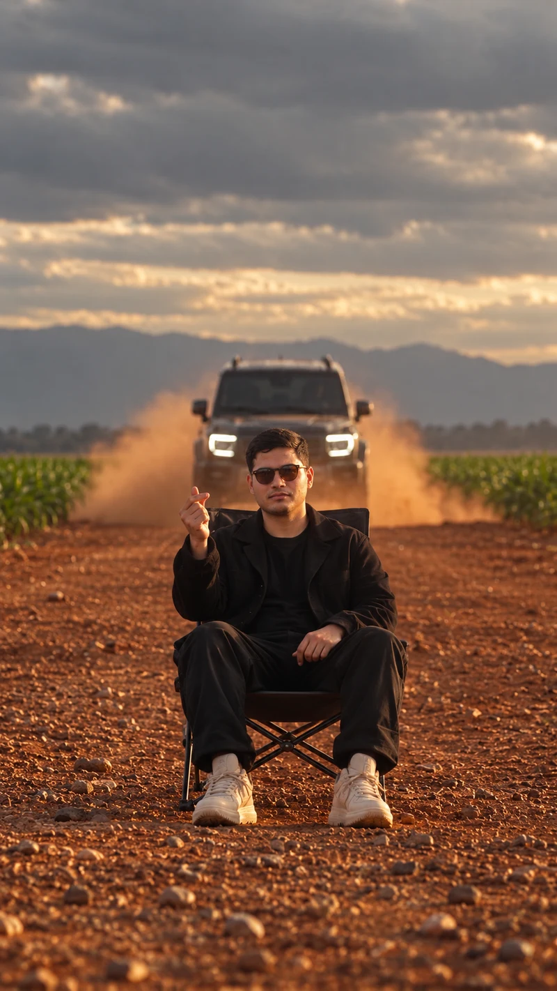 Imagen inicial de referencia: personaje sentado, mano lista para chasquear y G-Wagon en el suelo detrás.